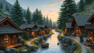Evening Glow in Mountain Village – free AI stock image