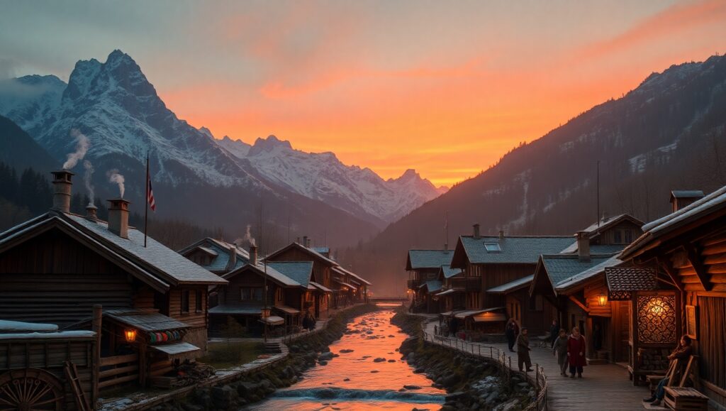 Evening Serenity in Mountain Village – free AI stock image