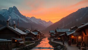 Evening Serenity in Mountain Village – free AI stock image