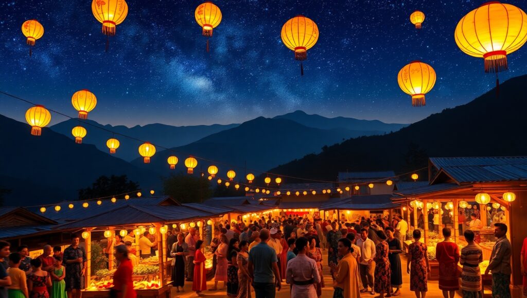 Festival Night in Mountain Village – free AI stock image