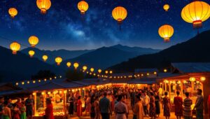 Festival Night in Mountain Village – free AI stock image
