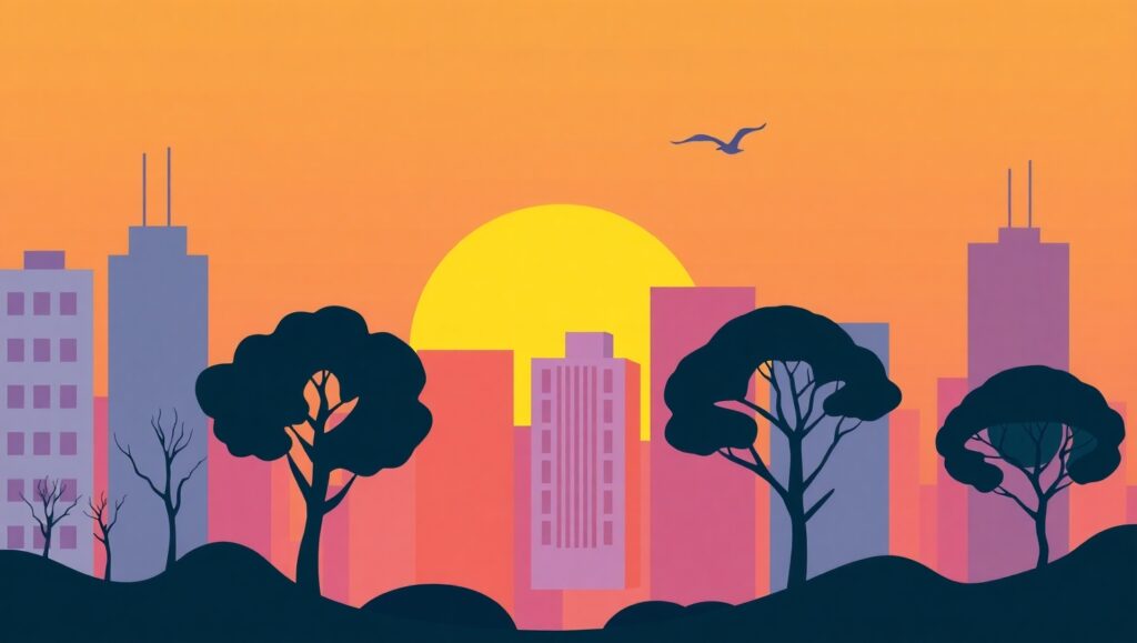 Flat Cityscape at Sunset – free AI stock image