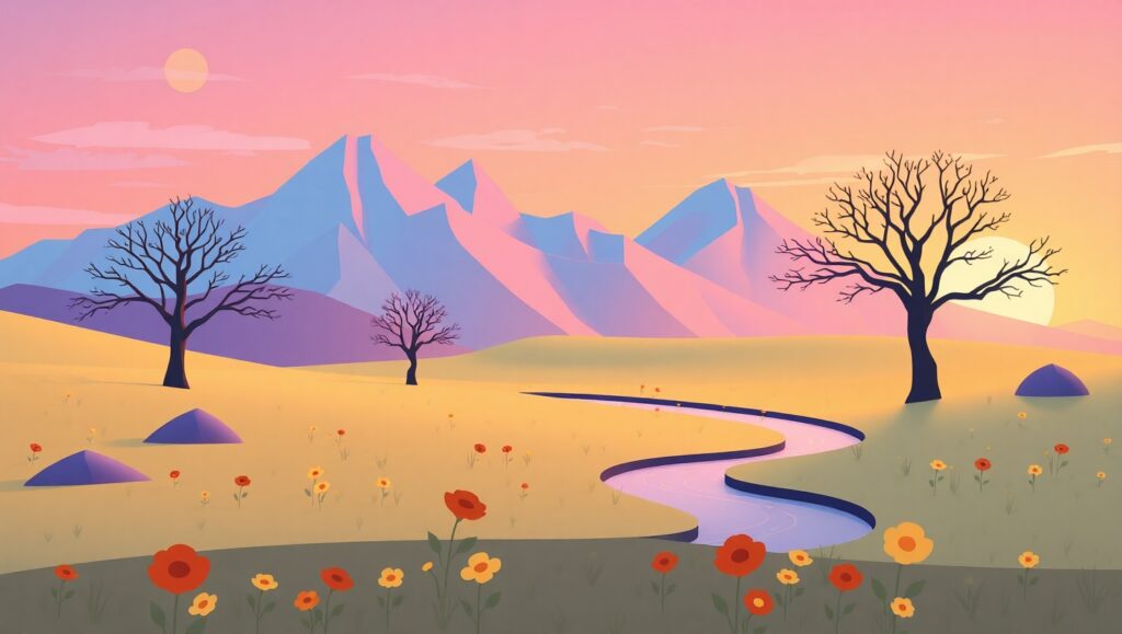 Flat Design Mountain Sunset – free AI stock image