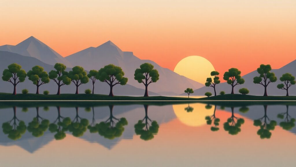 Flat Design Sunset Over Lake – free AI stock image