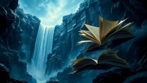 Floating Books in Ink Waterfall – free AI stock image