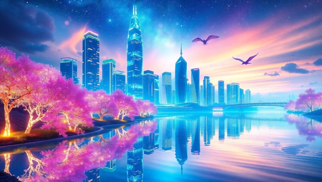 Floating City Above a Serene Lake – free AI stock image