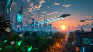 Floating City Above Alien Jungle – free AI stock image