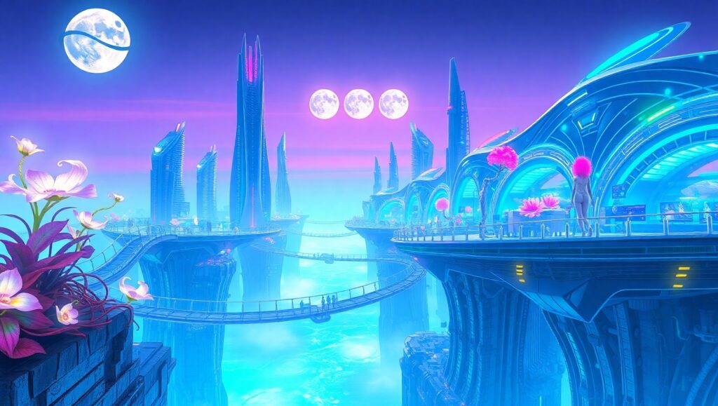 Floating City Above Crystal Ocean – free AI stock image