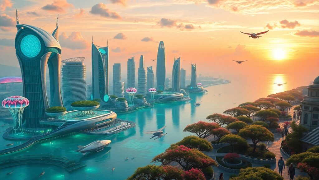 Floating City Above Vibrant Oceans – free AI stock image