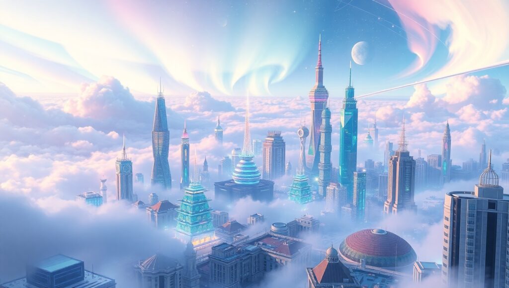 Floating City Among the Auroras – free AI stock image