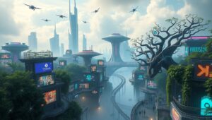 Floating City of Neon Dreams – free AI stock image