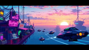 Floating Cyberpunk Marketplace at – free AI stock image