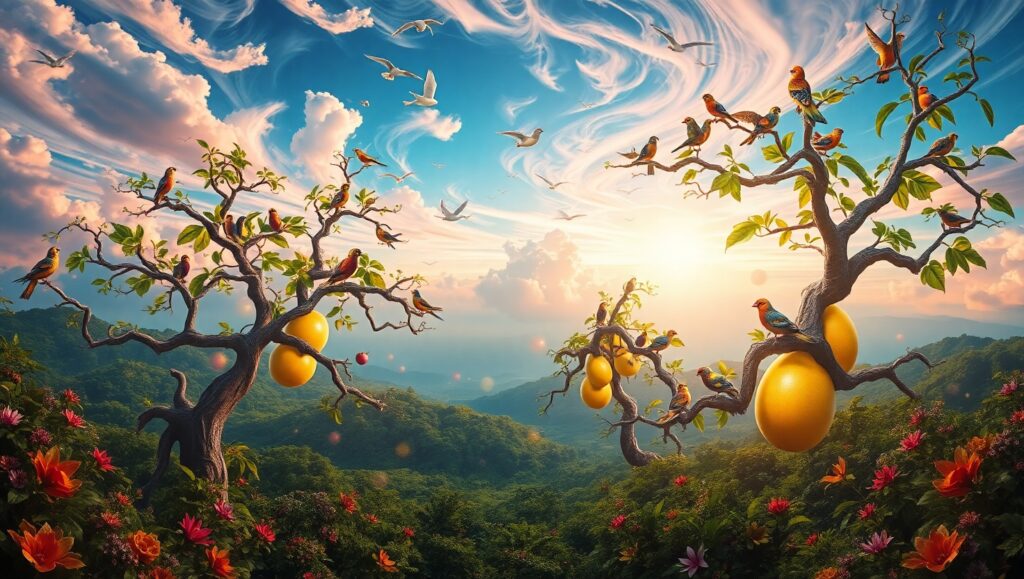 Floating Fruits in a Dreamlike Sky – free AI stock image