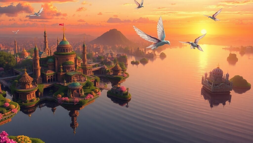 Floating Gardens at Sunset – free AI stock image