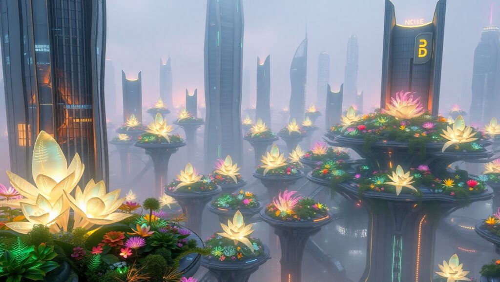 Floating Gardens in a Futuristic City – free AI stock image