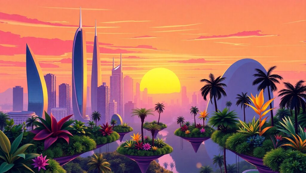 Floating Gardens in a Futuristic Skyline – free AI stock image
