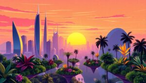 Floating Gardens in a Futuristic Skyline – free AI stock image
