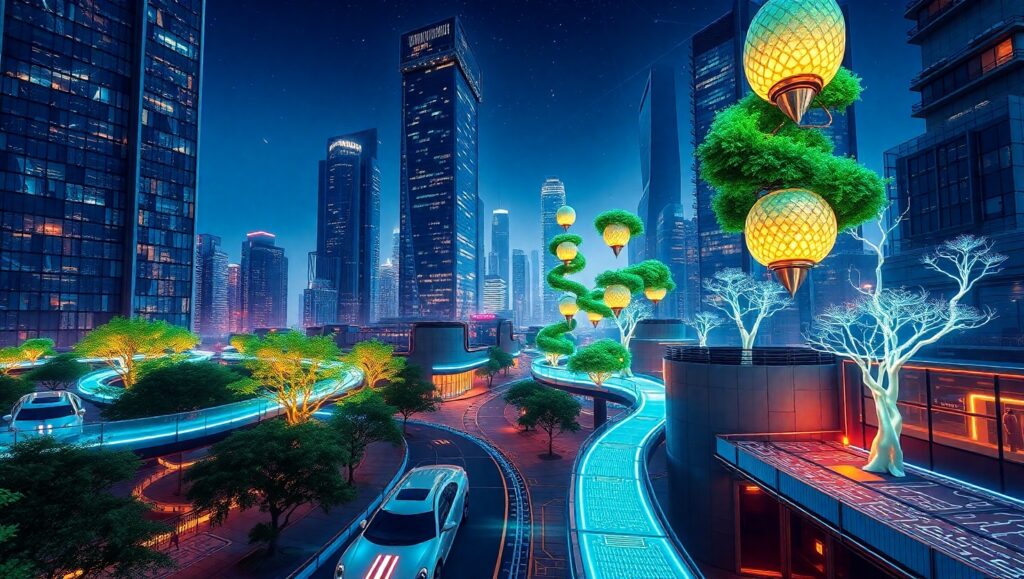 Floating Gardens in Futuristic Cityscape – free AI stock image