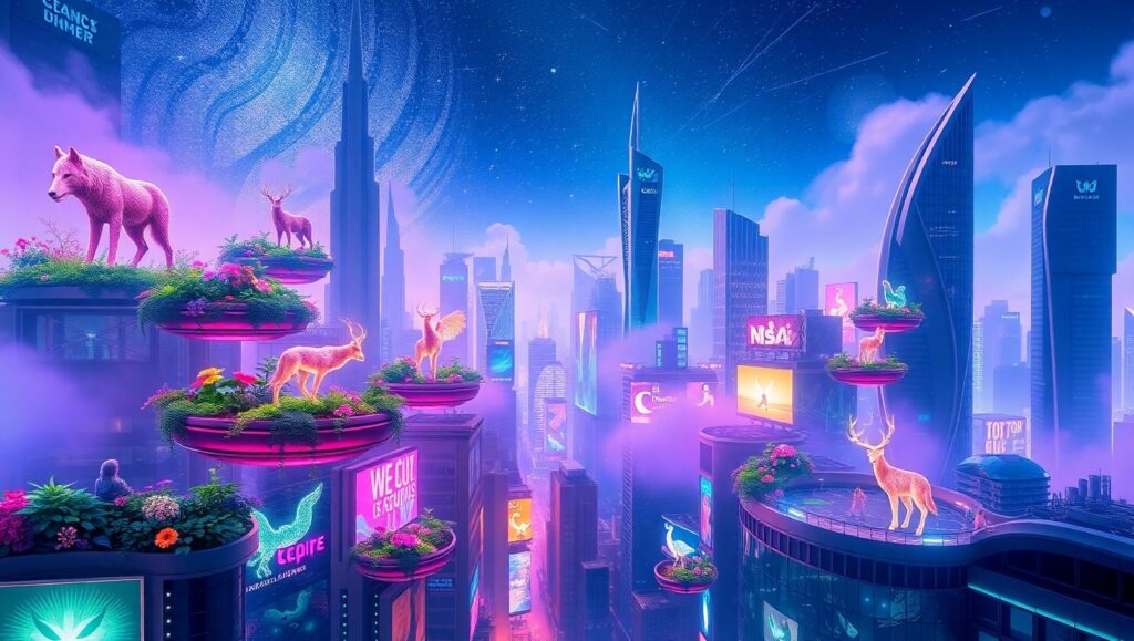 Floating Gardens in Neon Dreams – free AI stock image