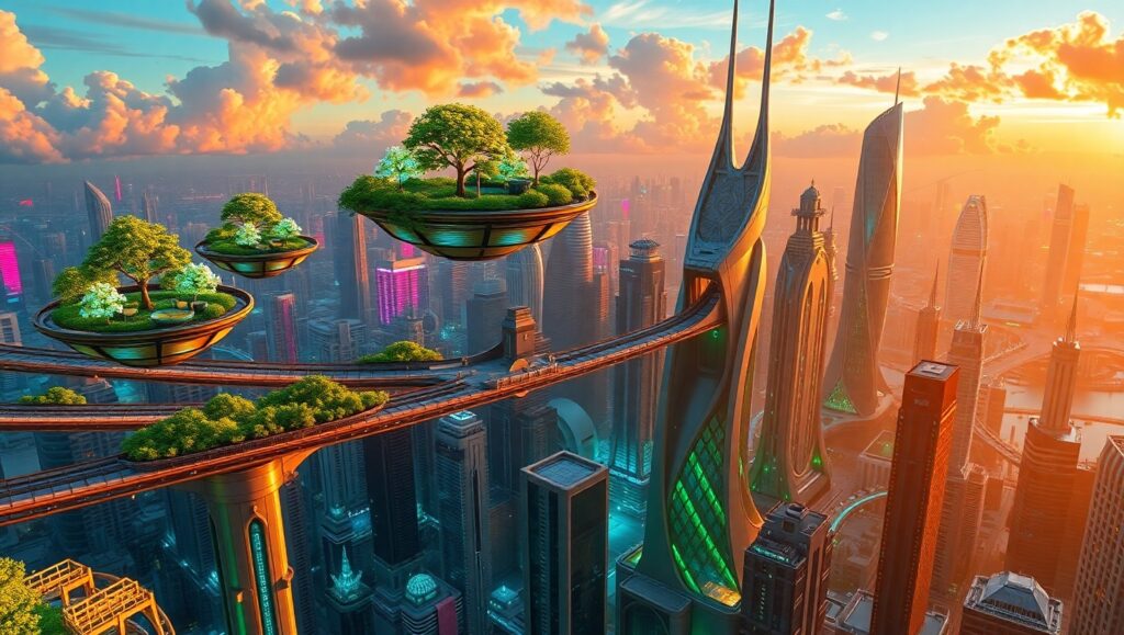 Floating Gardens of Neon Dreams – free AI stock image