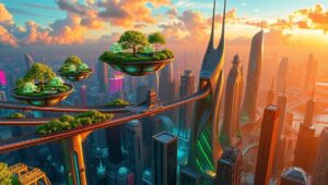Floating Gardens of Neon Dreams – free AI stock image