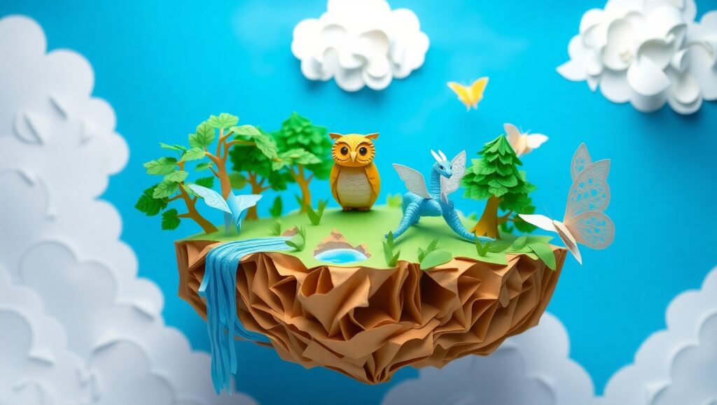 Floating Island in Papercraft Style hrM – free AI stock image