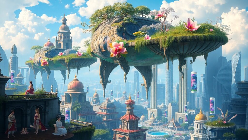 Floating Islands Above Vibrant City – free AI stock image