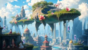 Floating Islands Above Vibrant City – free AI stock image