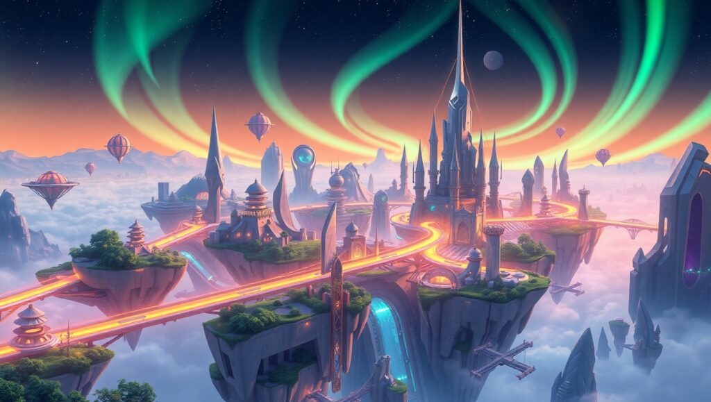 Floating Islands in Isometric Cityscape – free AI stock image
