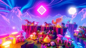 Floating Islands in Neon Voxel World – free AI stock image