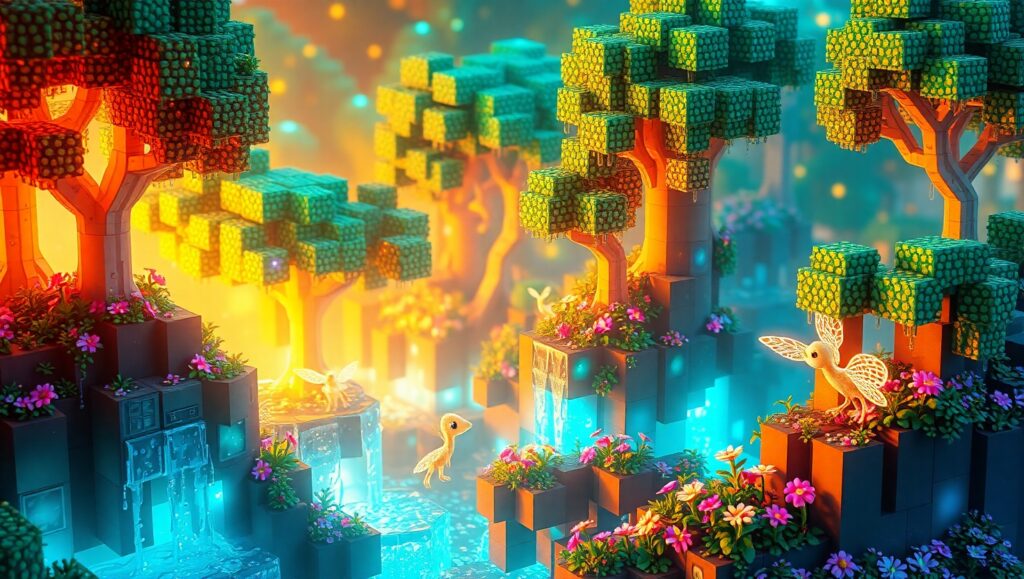 Floating Islands in Voxel Landscape – free AI stock image