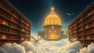 Floating Library Among the Clouds – free AI stock image