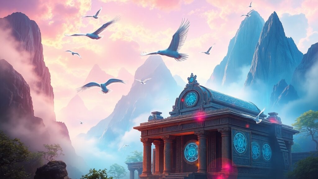 Floating Mountains and Ethereal Birds – free AI stock image