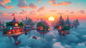 Floating Pixel City at Sunset – free AI stock image
