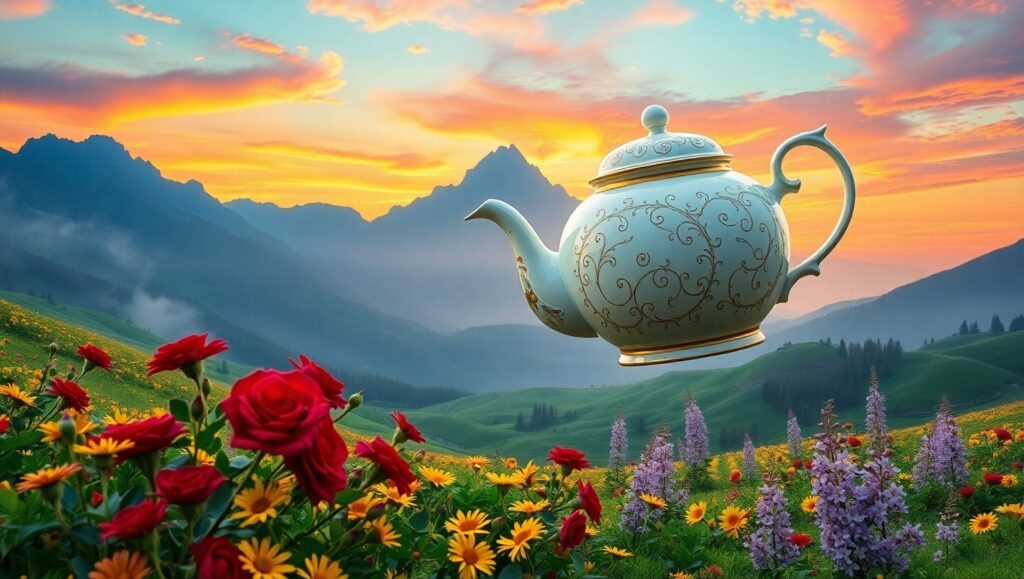 Floating Teapot in Lush Valley – free AI stock image