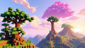 Floating Trees in Pixelated Sky – free AI stock image
