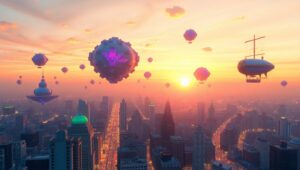 Floating Voxel City at Sunset – free AI stock image