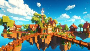 Floating Voxel Island Village – free AI stock image