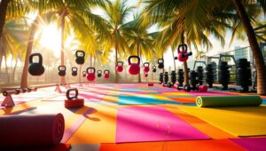 Floating Weights in Tropical Gym Scene – free AI stock image