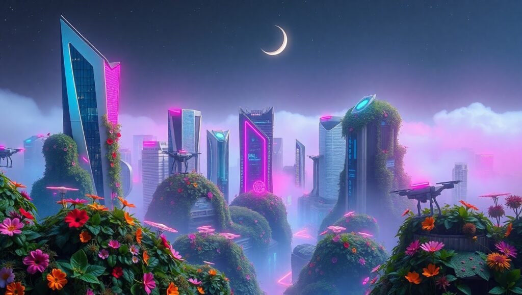 Floral Futurism: Nature Meets Urbanization – free AI stock image