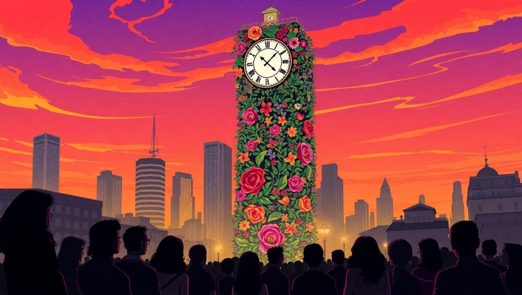 Flower Clock in City at Dusk – free AI stock image