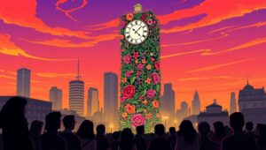 Flower Clock in City at Dusk – free AI stock image