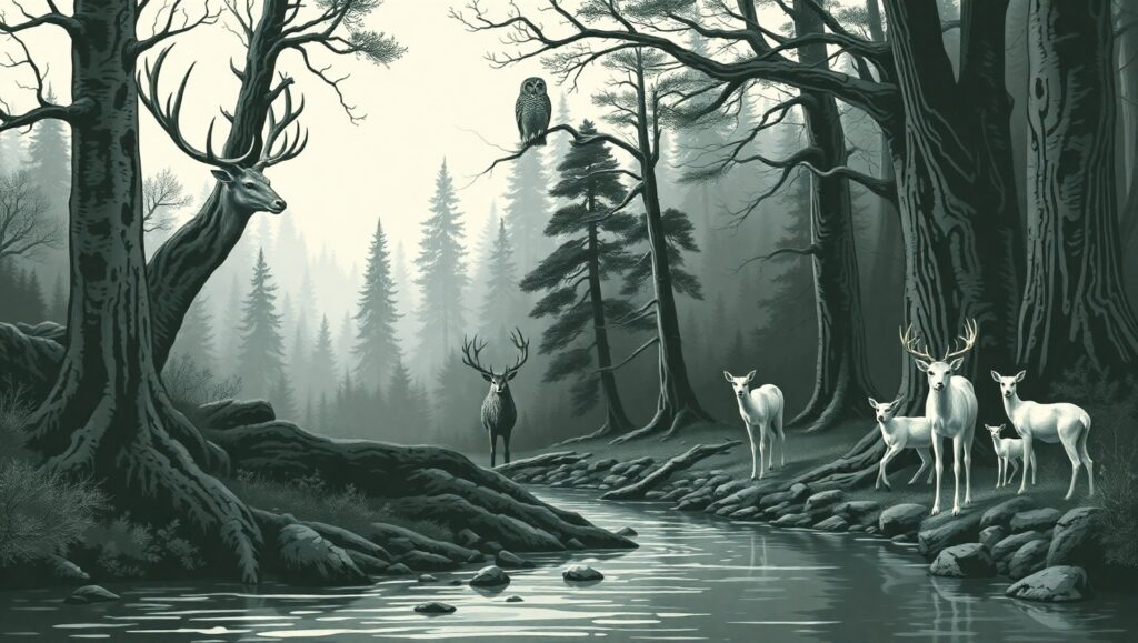 Forest Gathering by the River – free AI stock image