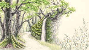 Forest Path to a Hidden Waterfall – free AI stock image