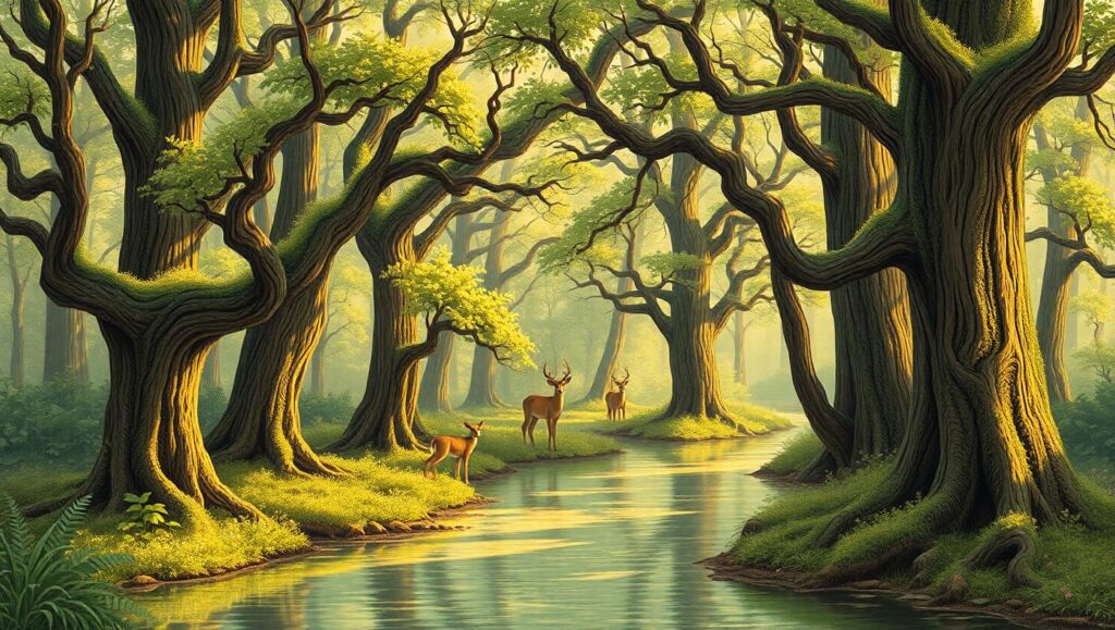 Forest Serenity in Woodcut Style – free AI stock image