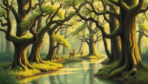 Forest Serenity in Woodcut Style – free AI stock image