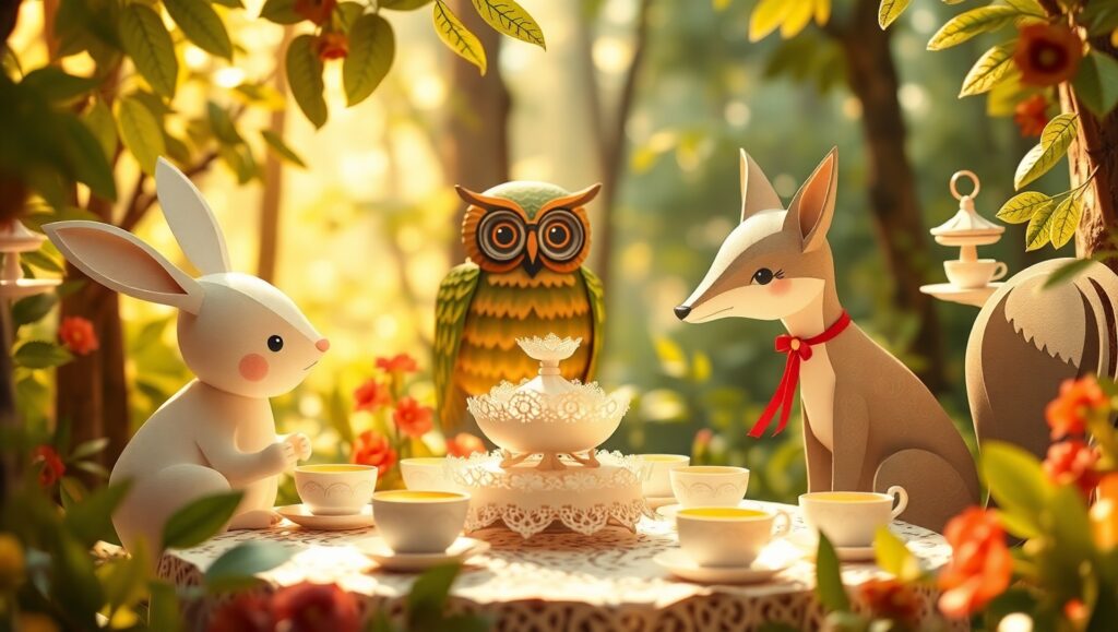 Forest Tea Party in Papercut Style – free AI stock image