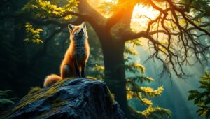 Fox Gazing Through Forest Canopy – free AI stock image