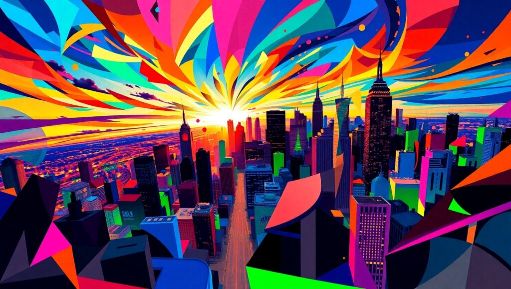 Fragmented City Skyline at Dusk – free AI stock image