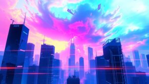 Fragmented Cityscape in Glitch Style – free AI stock image